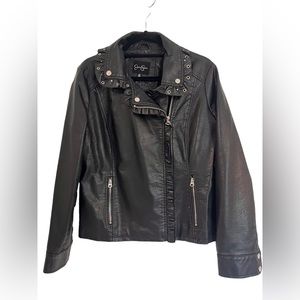JESSICA SIMPSON Women's Faux-Leather Zip-Detail Moto JACKET Size L Color Black.